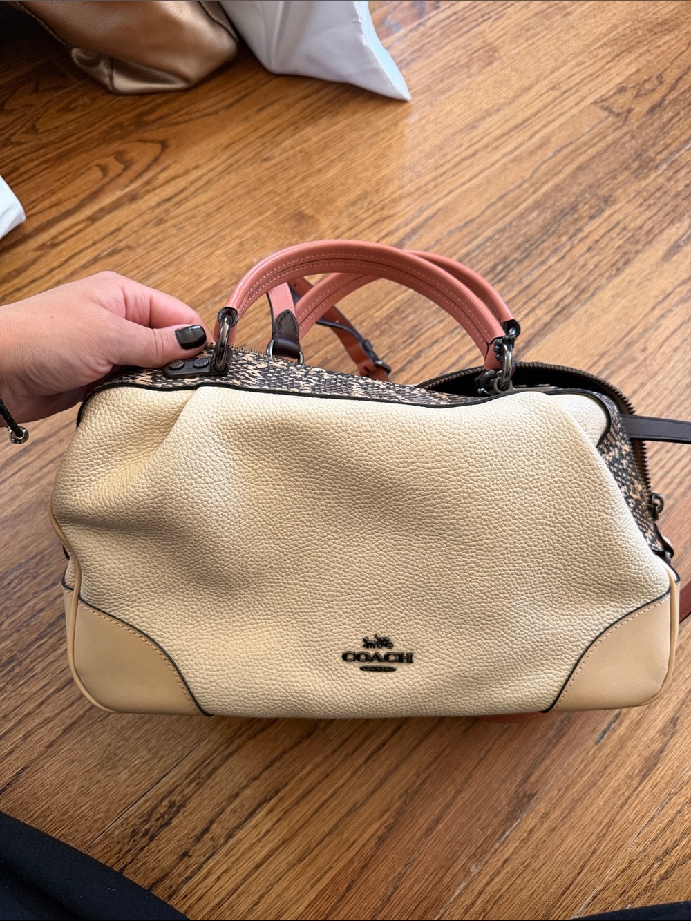 COACH Cream Pebbled Leather Satchel with Pink Handles and Snake-Print Trim